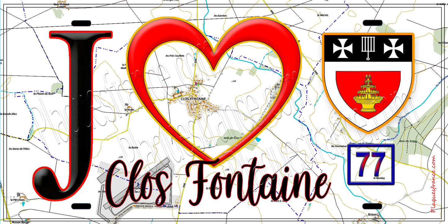 Plaque métal décorative  J' ❤️Clos-Fontaine, Seine et Marne (77) fond carte