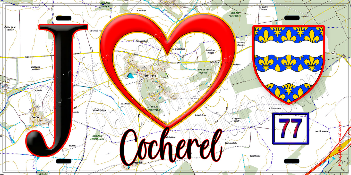 Plaque métal décorative  J' ❤️Cocherel, Seine et Marne (77)