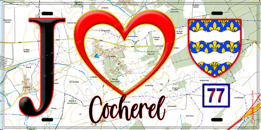Plaque métal décorative  J' ❤️Cocherel, Seine et Marne (77)