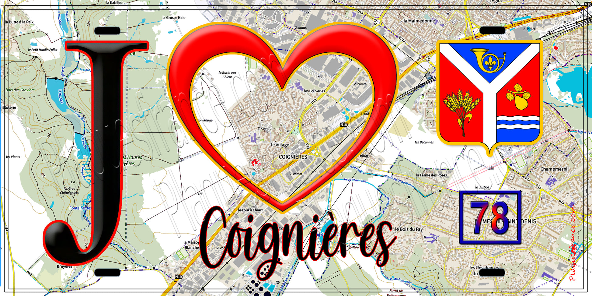 Plaque métal décorative  J' ❤️ Coignières, Yvelines (78) fond carte