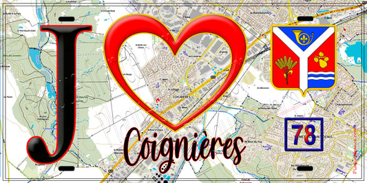 Plaque métal décorative  J' ❤️ Coignières, Yvelines (78) fond carte