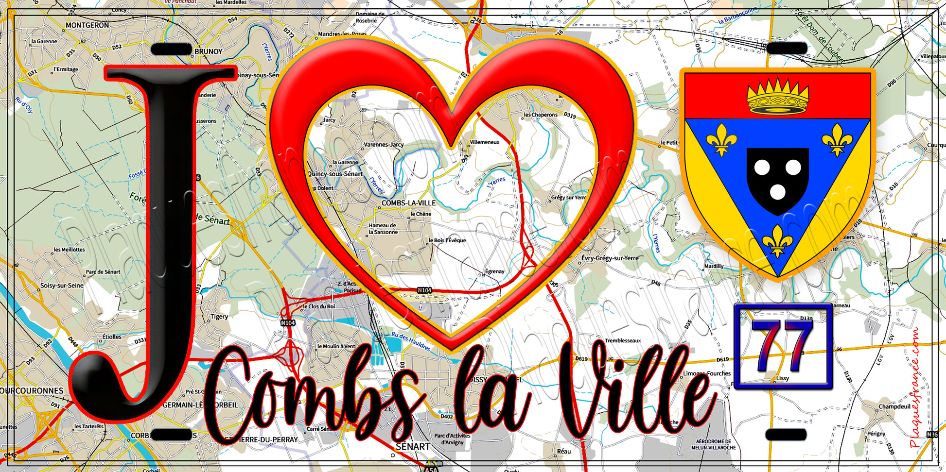 Plaque métal décorative  J' ❤️Combs-la-Ville, Seine et Marne (77) fond carte