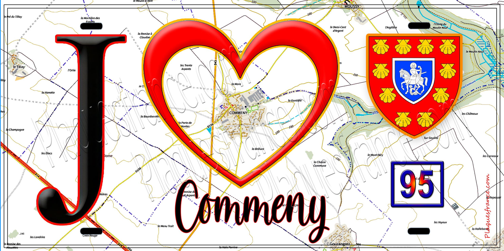 Plaque métal décorative  J' ❤️Commeny, Val d'Oise (95) fond carte