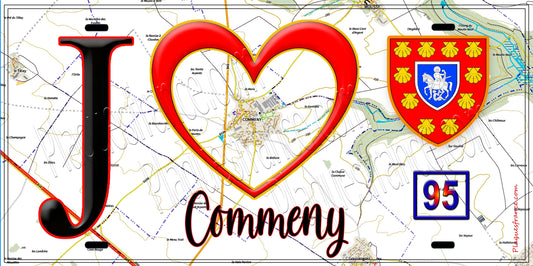 Plaque métal décorative  J' ❤️Commeny, Val d'Oise (95) fond carte