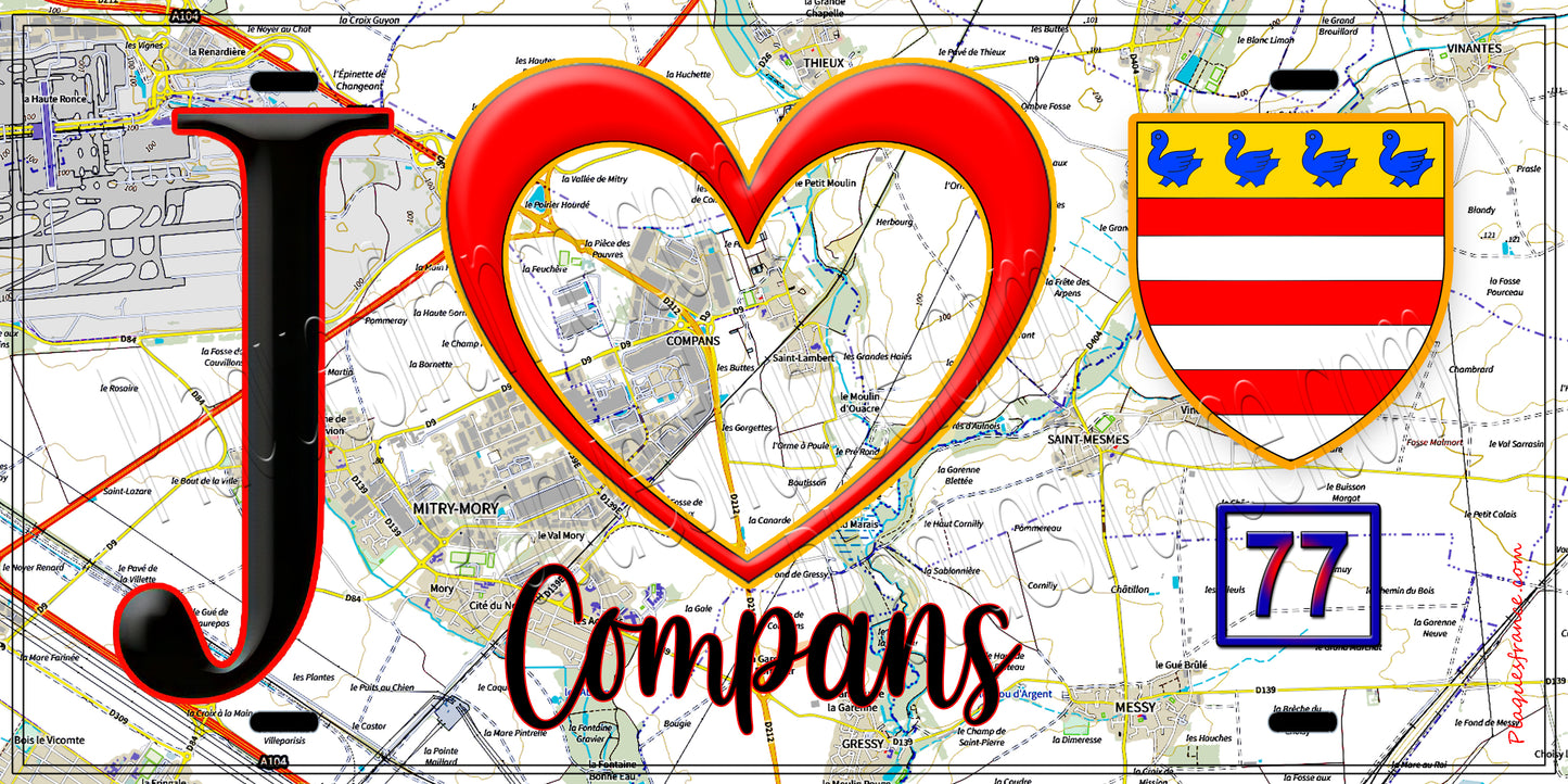 Plaque métal décorative  J' ❤️Compans, Seine et Marne (77) fond carte