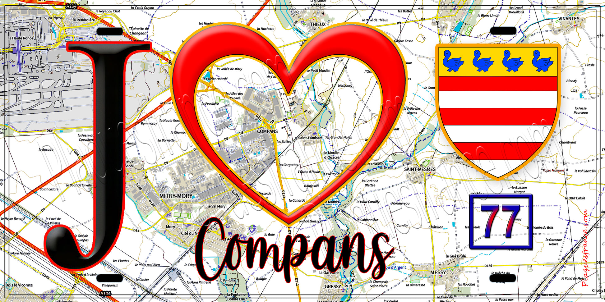 Plaque métal décorative  J' ❤️Compans, Seine et Marne (77) fond carte