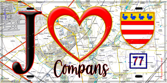 Plaque métal décorative  J' ❤️Compans, Seine et Marne (77) fond carte