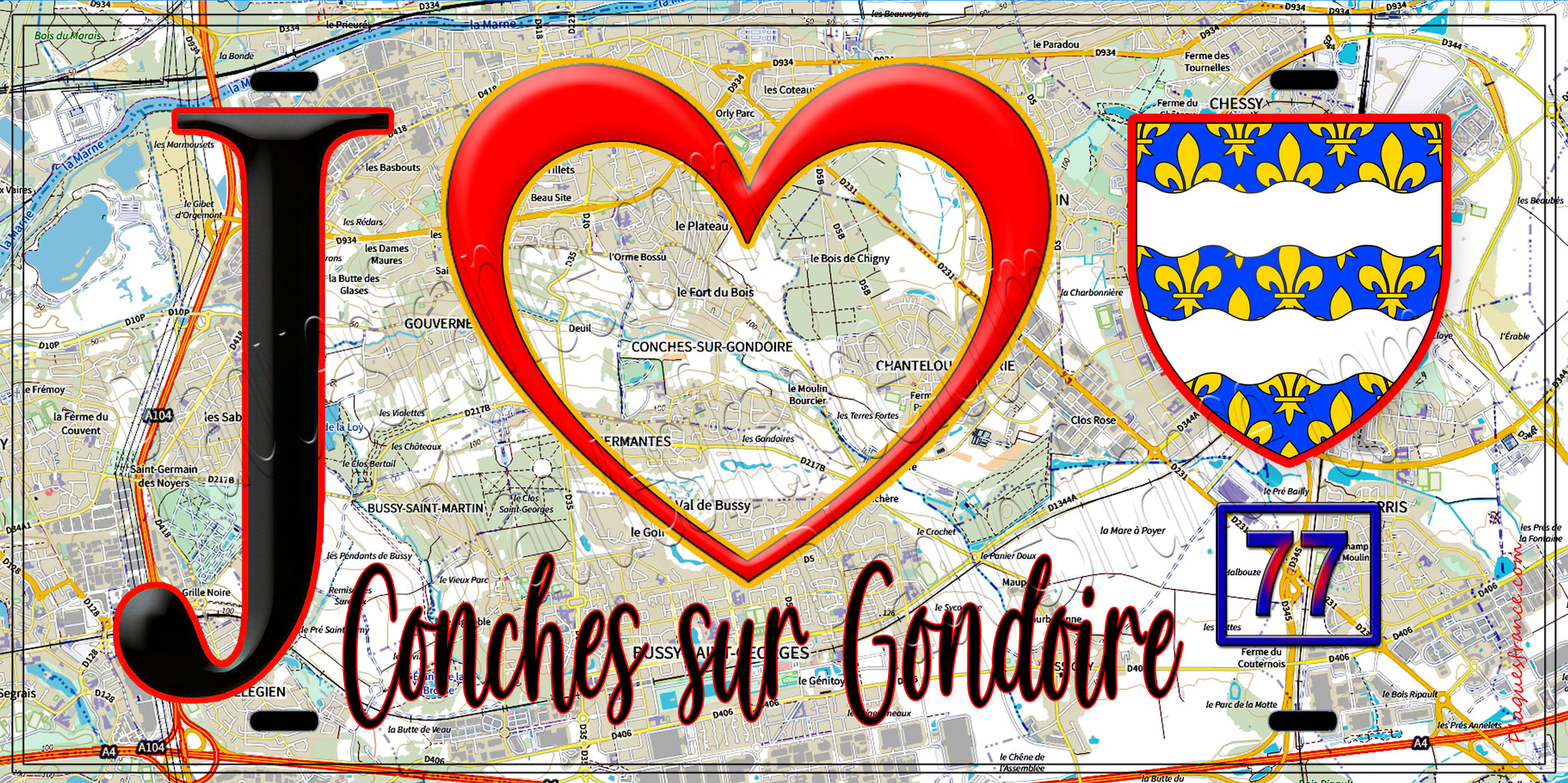 Plaque métal décorative  J' ❤️Conches-sur-Gondoire, Seine et Marne (77) fond carte