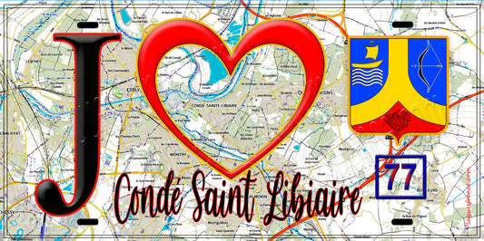 Plaque métal décorative  J' ❤️Condé-Sainte-Libiaire, Seine et Marne (77) fond carte