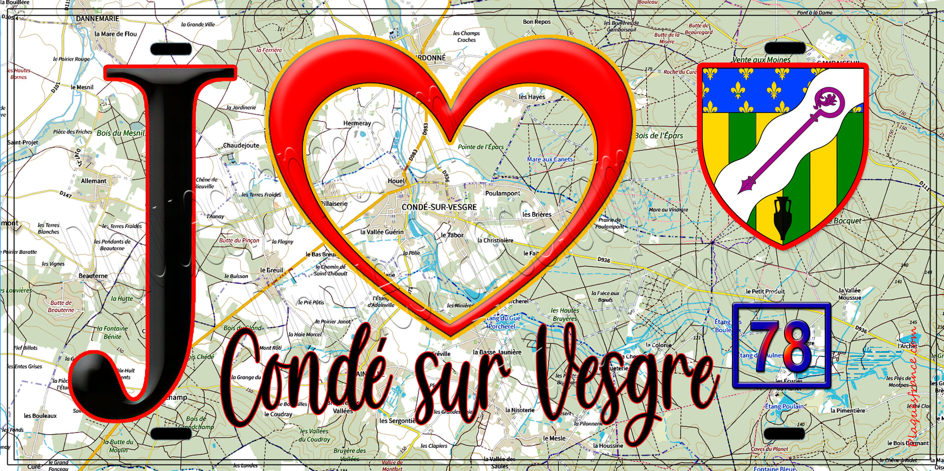 Plaque métal décorative  J' ❤️ Condé-sur-Vesgre, Yvelines (78) fond cate