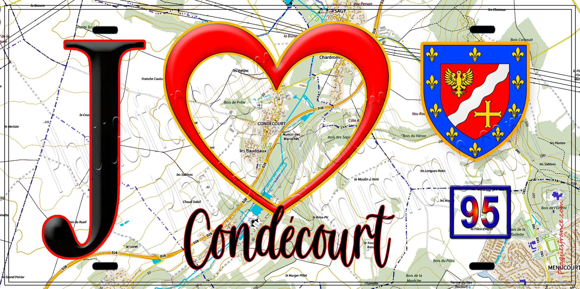 Plaque métal décorative  J' ❤️Condécourt, Val d'Oise (95) fond carte