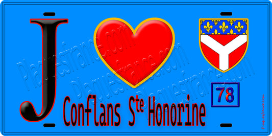 Plaque métal décorative  J' ❤️ Conflans-Sainte-Honorine, Yvelines (78) fond bleu