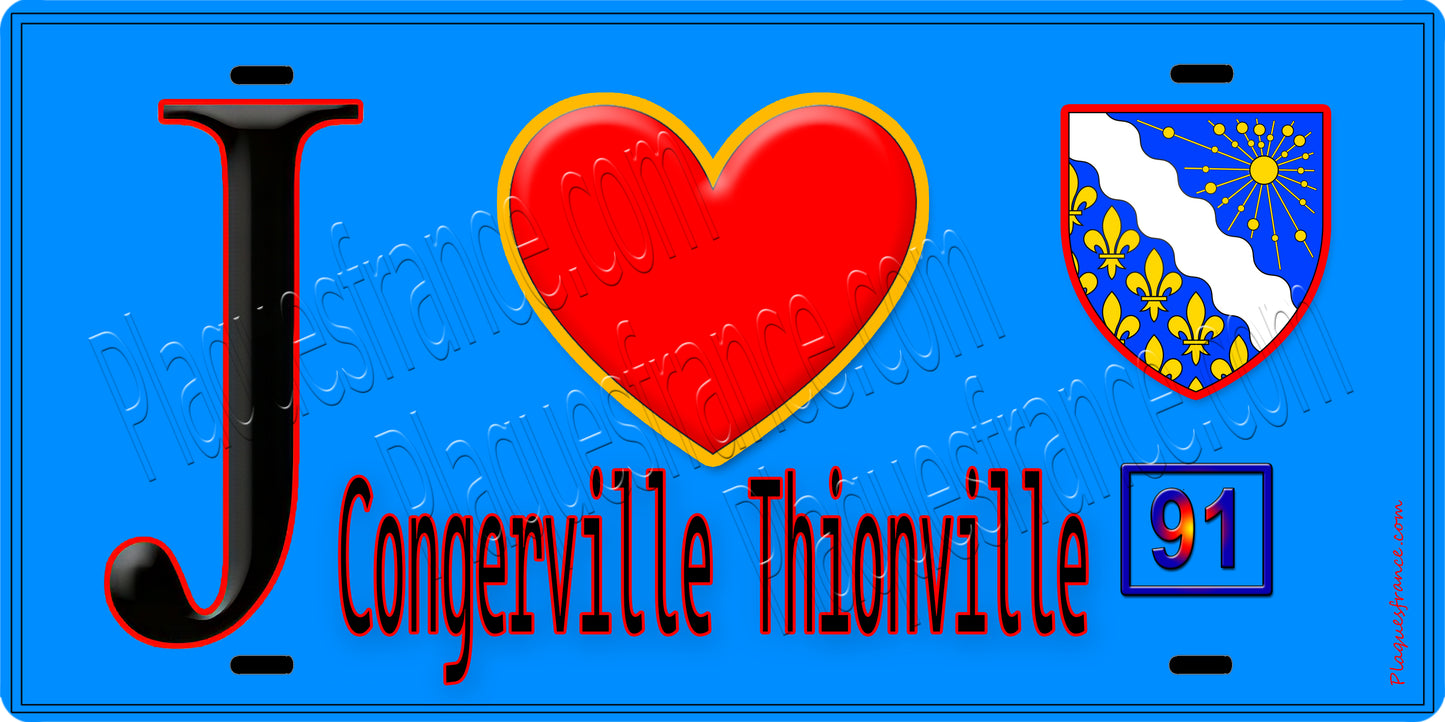 Plaque métal décorative  J' ❤️Congerville-Thionville, Essonne (91) fond bleu