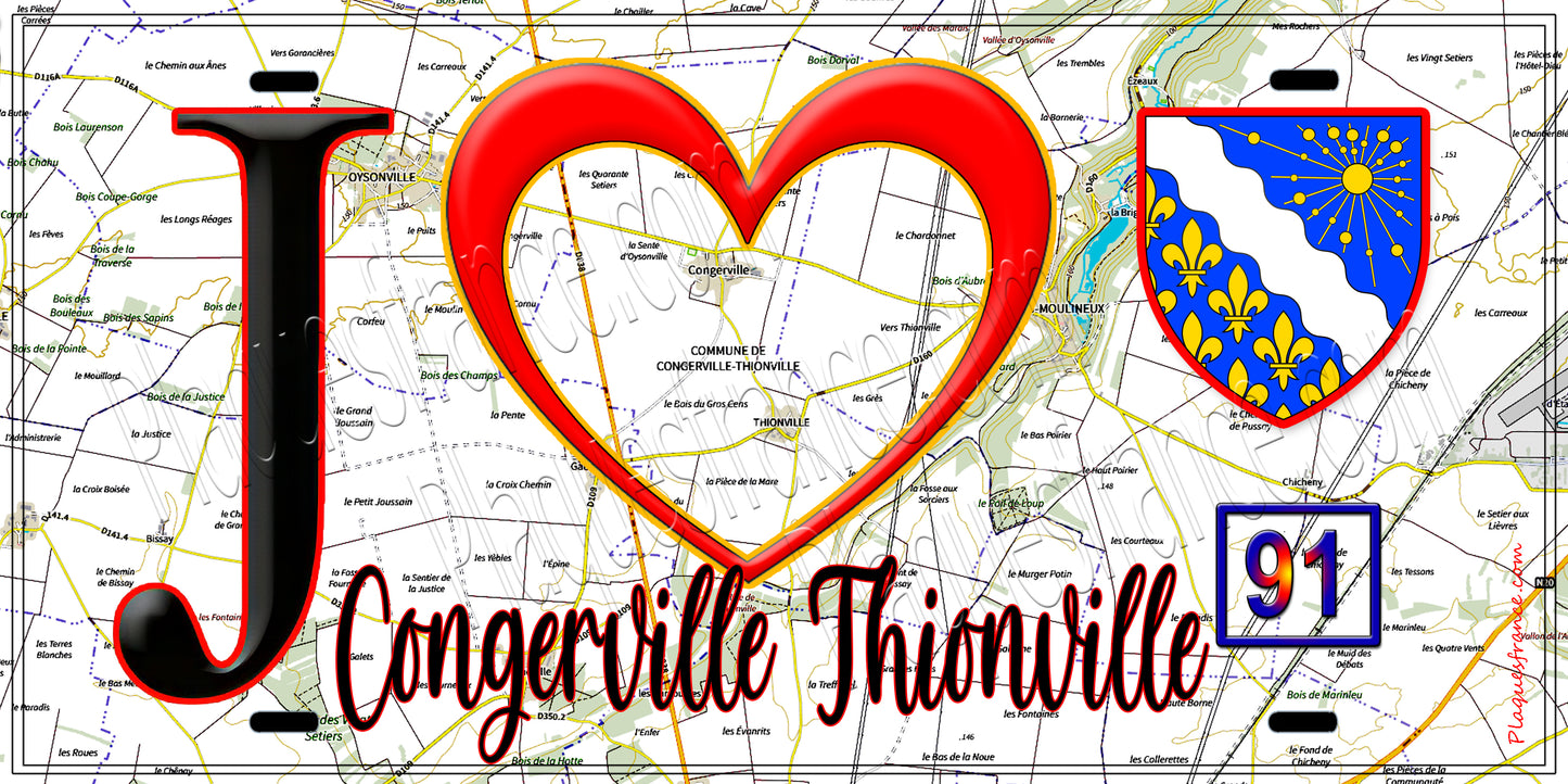 Plaque métal décorative  J' ❤️Congerville-Thionville, Essonne (91) fond carte