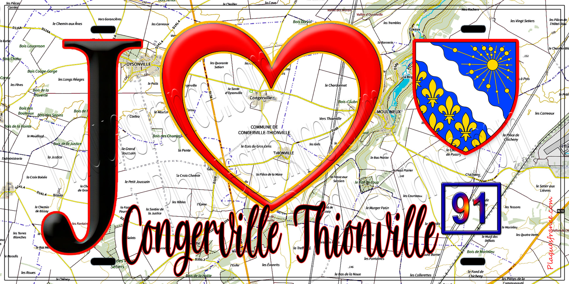 Plaque métal décorative  J' ❤️Congerville-Thionville, Essonne (91) fond carte