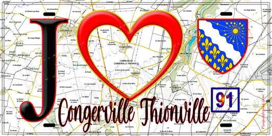 Plaque métal décorative  J' ❤️Congerville-Thionville, Essonne (91) fond carte