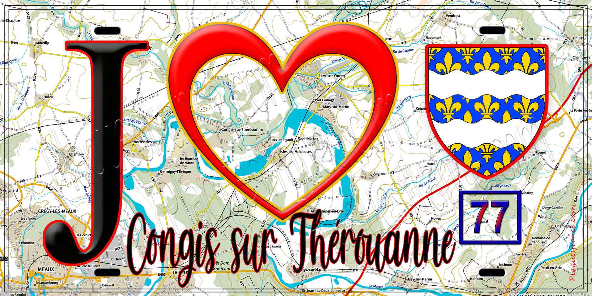 Plaque métal décorative  J' ❤️Congis-sur-Thérouanne, Seine et Marne (77) fond carte