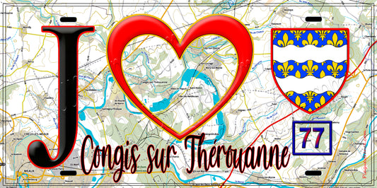 Plaque métal décorative  J' ❤️Congis-sur-Thérouanne, Seine et Marne (77) fond carte