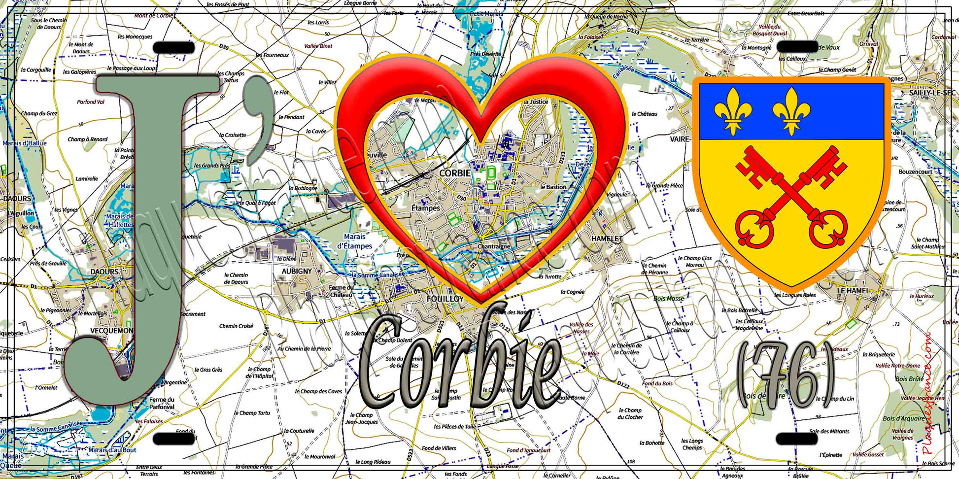 Plaque métal décorative 15X30 J' ❤️ Corbie, Somme (80) géo