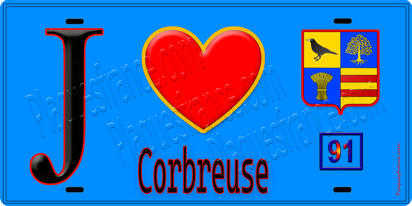 Plaque métal décorative  J' ❤️Corbreuse, Essonne (91) fond bleu