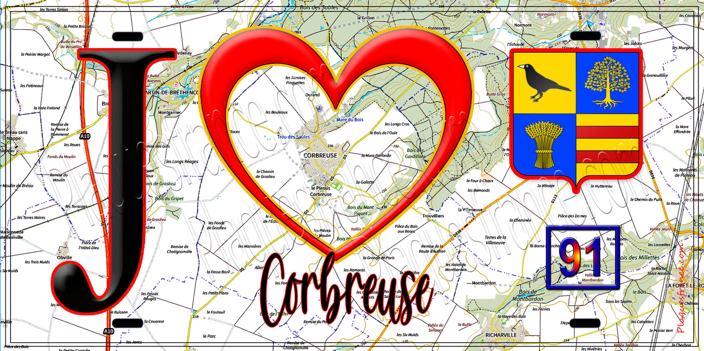 Plaque métal décorative  J' ❤️Corbreuse, Essonne (91) fond carte