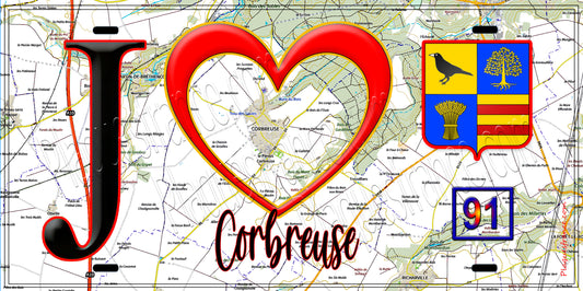 Plaque métal décorative  J' ❤️Corbreuse, Essonne (91) fond carte