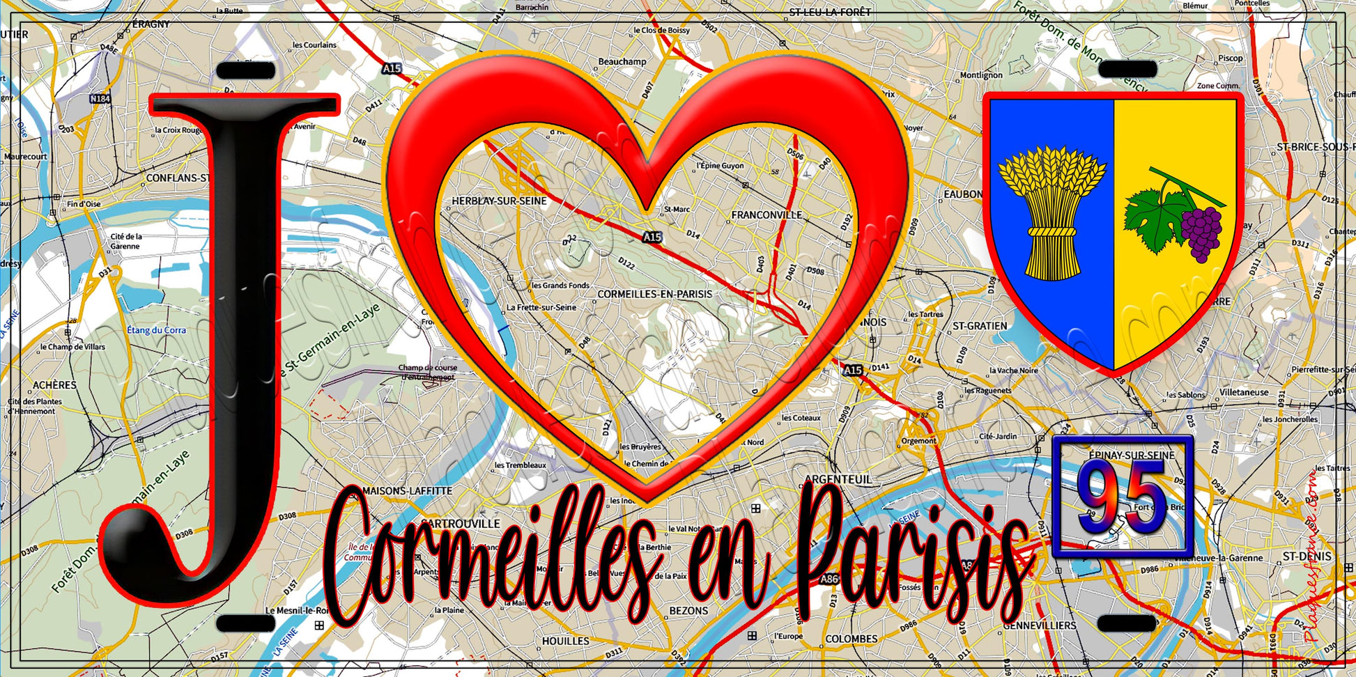 Plaque métal décorative  J' ❤️Cormeilles-en-Parisis, Val d'Oise (95) fond carte