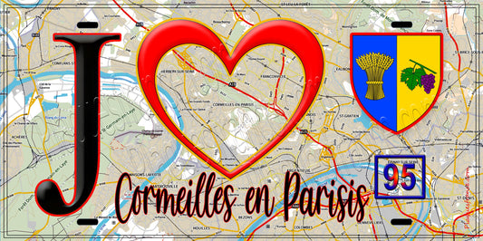 Plaque métal décorative  J' ❤️Cormeilles-en-Parisis, Val d'Oise (95) fond carte
