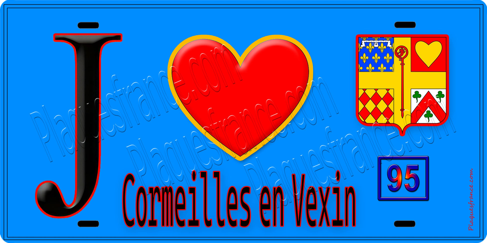 Plaque métal décorative  J' ❤️Cormeilles-en-Vexin, Val d'Oise (95) fond bleu