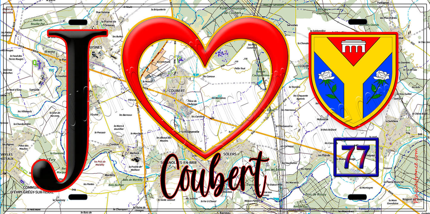 Plaque métal décorative  J' ❤️Coubert, Seine et Marne (77) fond carte