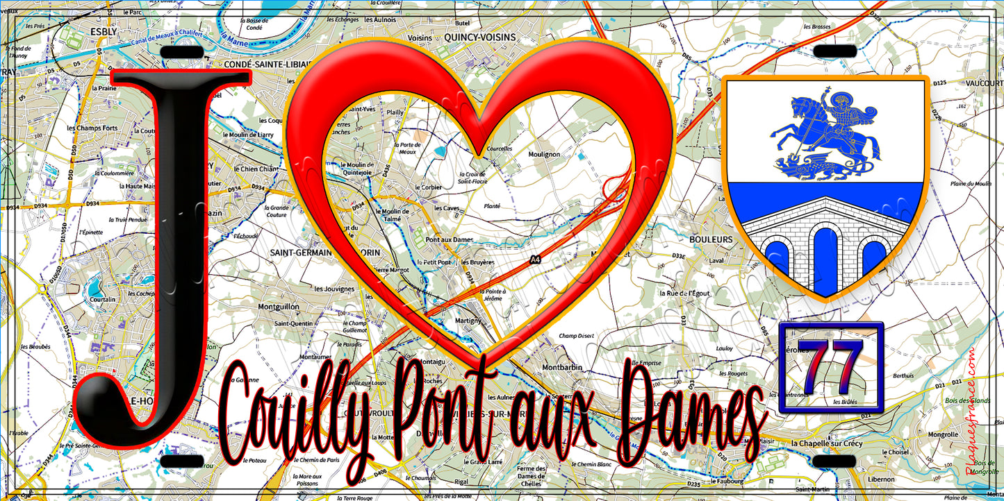 Plaque métal décorative  J' ❤️Couilly-Pont-aux-Dames, Seine et Marne (77) fond carte