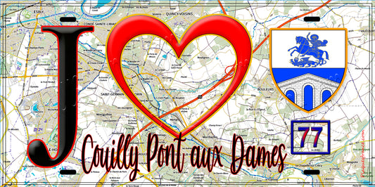 Plaque métal décorative  J' ❤️Couilly-Pont-aux-Dames, Seine et Marne (77) fond carte