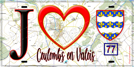 Plaque métal décorative  J' ❤️Coulombs-en-Valois, Seine et Marne (77) fond carte