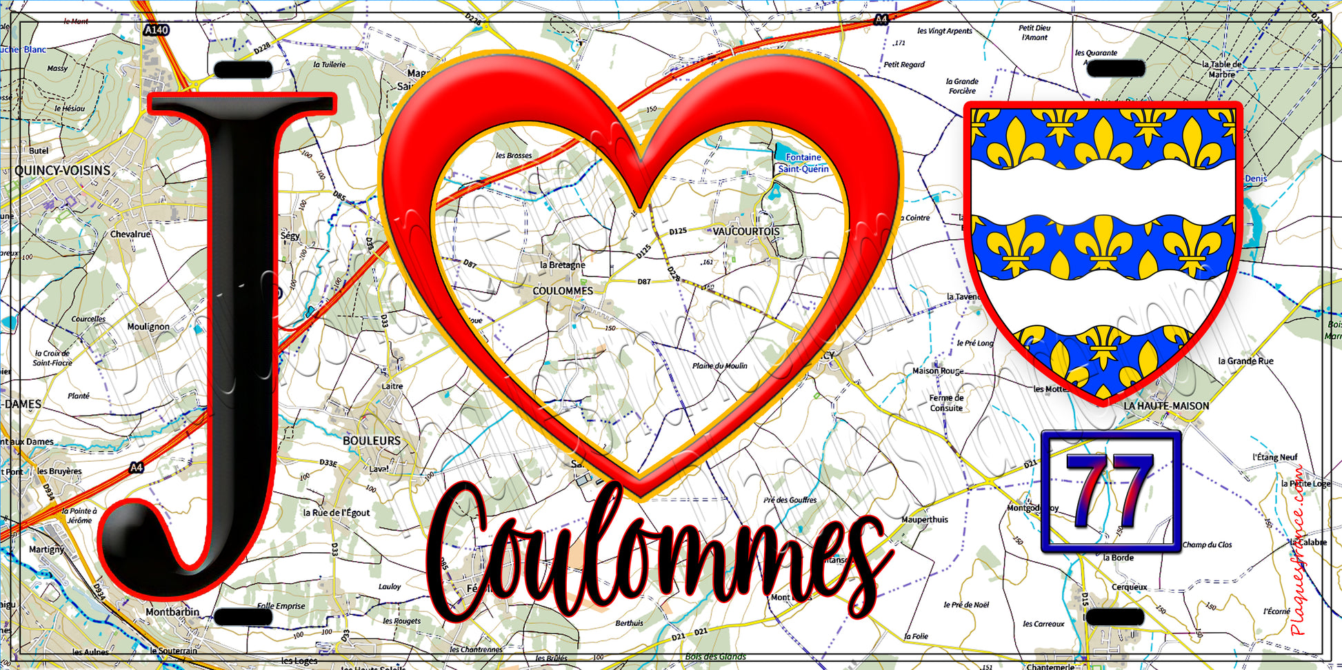 Plaque métal décorative  J' ❤️Coulommes, Seine et Marne (77) fond carte