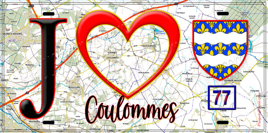 Plaque métal décorative  J' ❤️Coulommes, Seine et Marne (77) fond carte