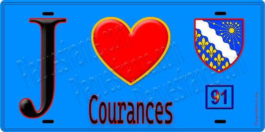Plaque métal décorative  J' ❤️Courances, Essonne (91) fond bleu