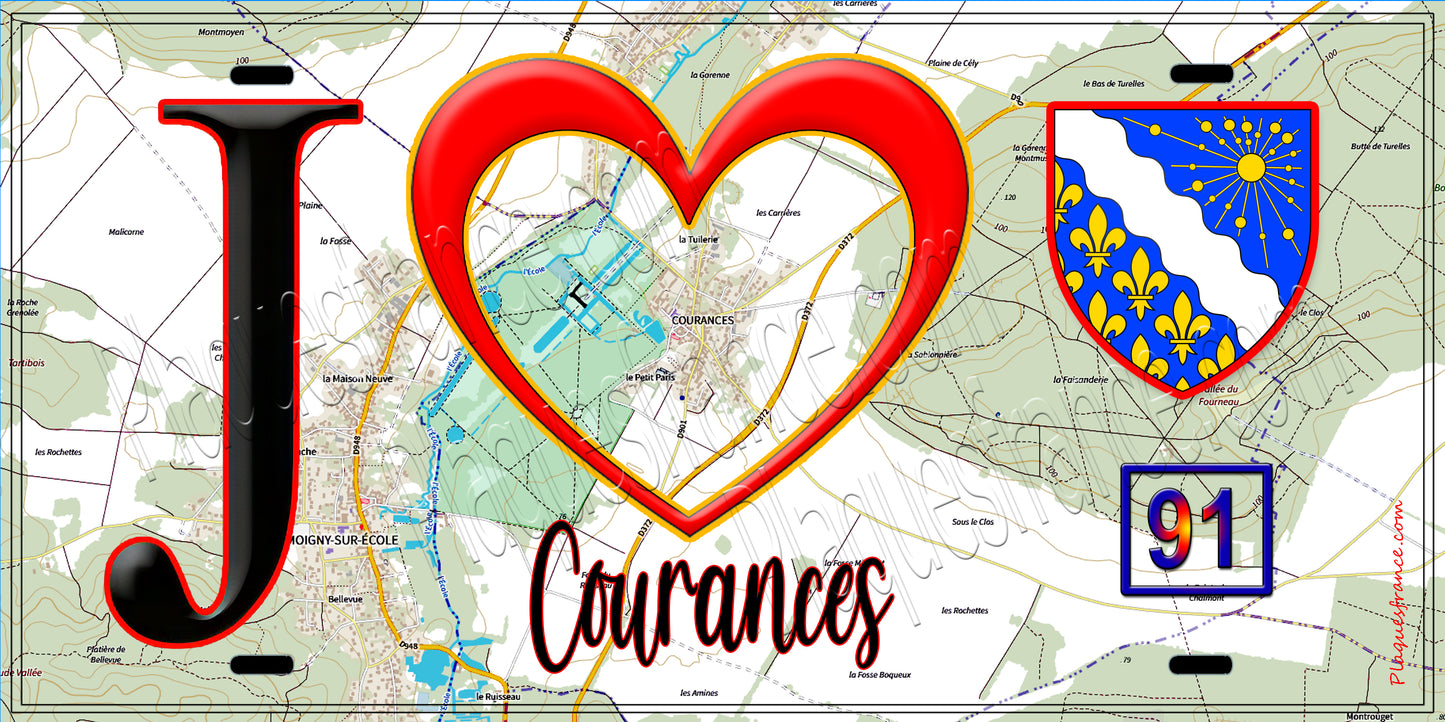 Plaque métal décorative  J' ❤️Courances, Essonne (91) fond carte