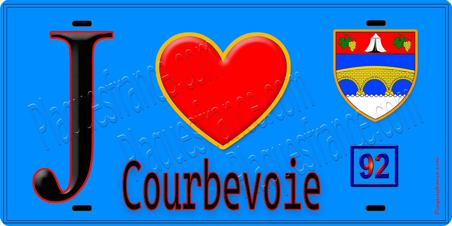 Plaque métal décorative  J' ❤️ Courbevoie, Hauts de Seine (92) fond bleu