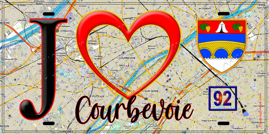 Plaque métal décorative  J' ❤️ Courbevoie, Hauts de Seine (92) fond carte