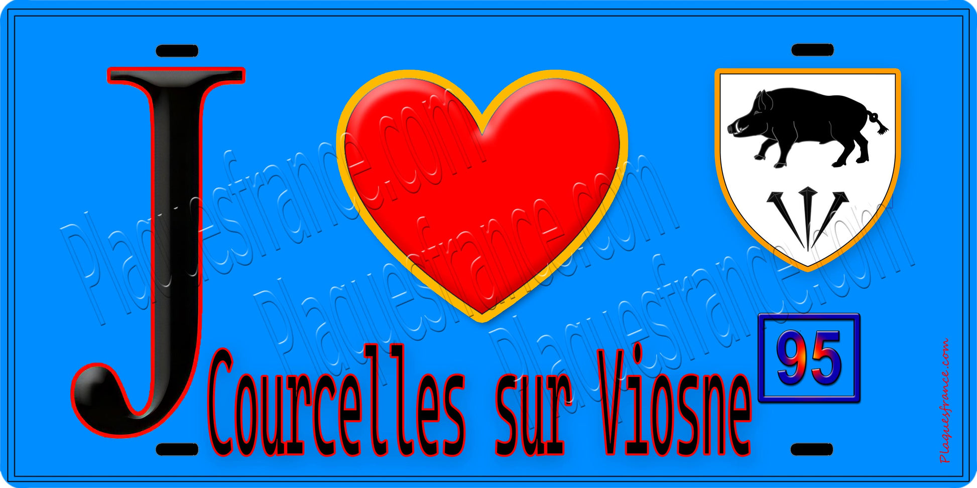 Plaque métal décorative  J' ❤️Courcelles-sur-Viosne, Val d'Oise (95) fond bleu