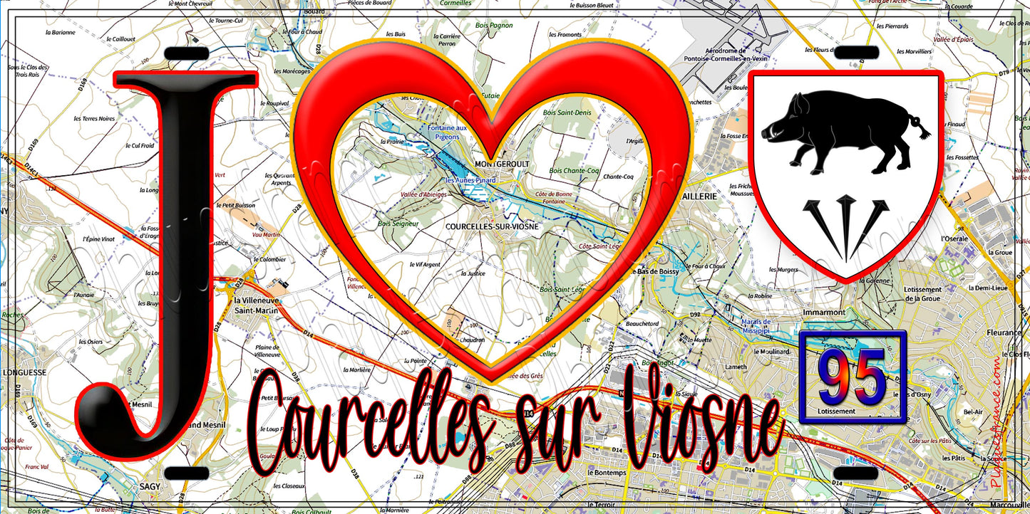 Plaque métal décorative  J' ❤️Courcelles-sur-Viosne, Val d'Oise (95) fond carte
