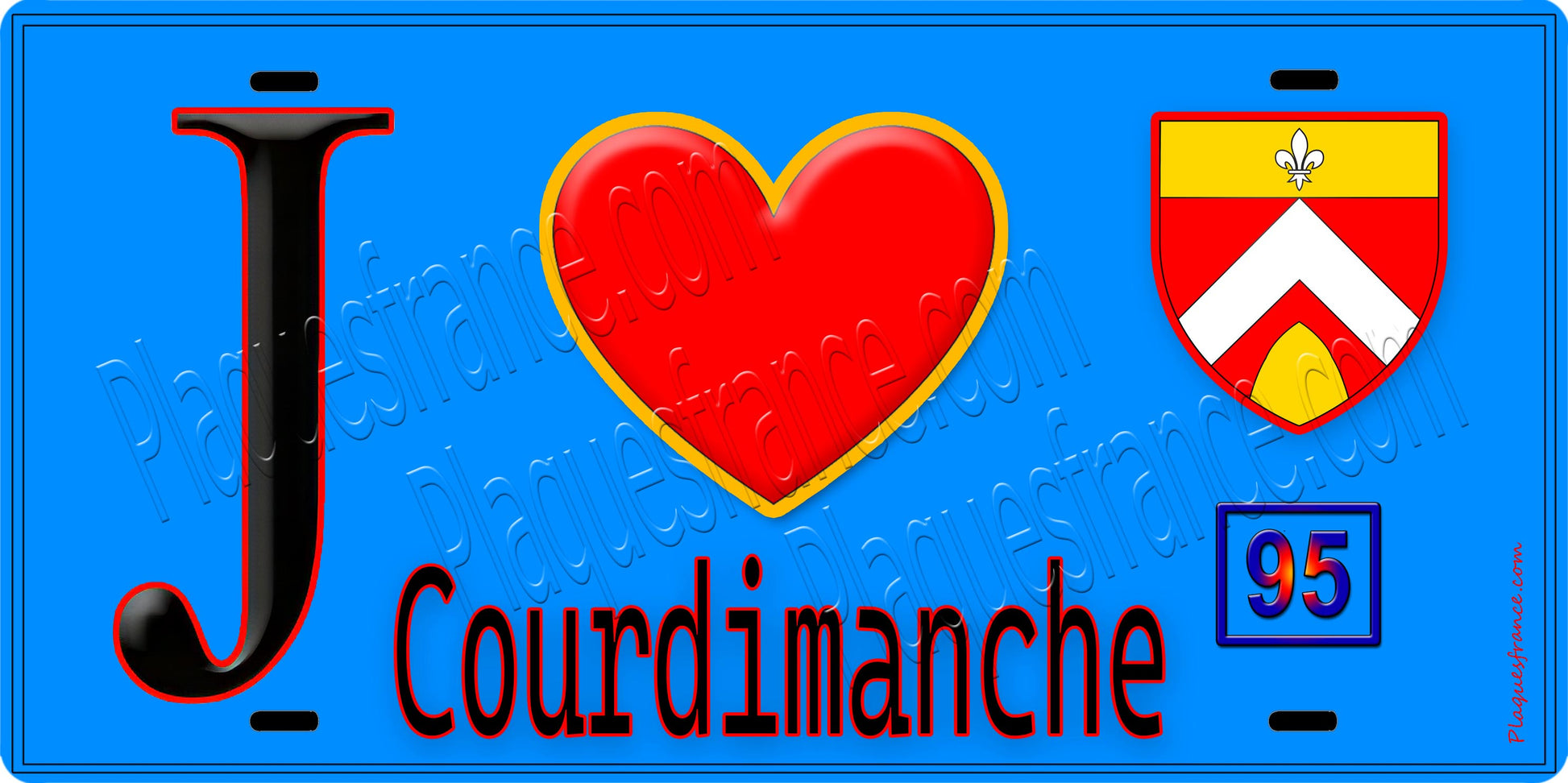 Plaque métal décorative  J' ❤️Courdimanche, Val d'Oise (95) fond bleu