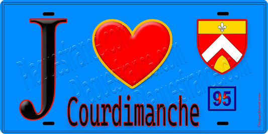 Plaque métal décorative  J' ❤️Courdimanche, Val d'Oise (95) fond bleu