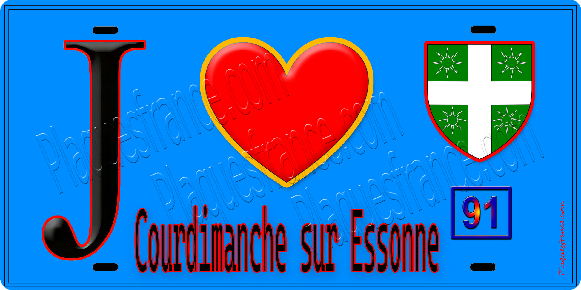 Plaque métal décorative  J' ❤️Courdimanche-sur-Essonne, Essonne (91) fond bleu