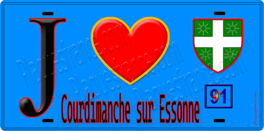 Plaque métal décorative  J' ❤️Courdimanche-sur-Essonne, Essonne (91) fond bleu
