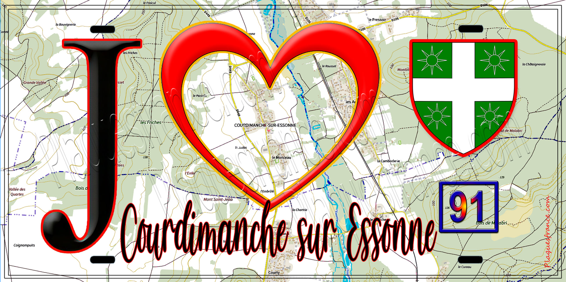 Plaque métal décorative  J' ❤️Courdimanche-sur-Essonne, Essonne (91) fond carte