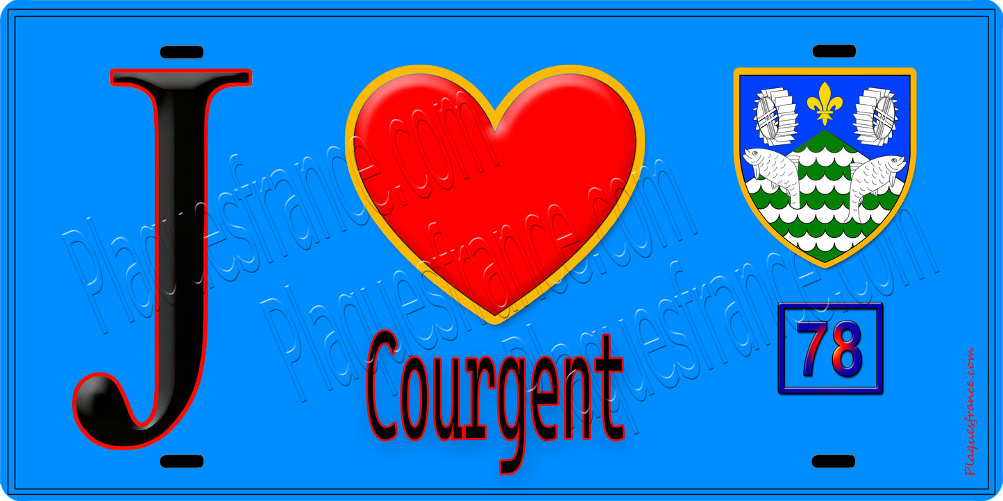 Plaque métal décorative  J' ❤️ Courgent, Yvelines (78) fond beu