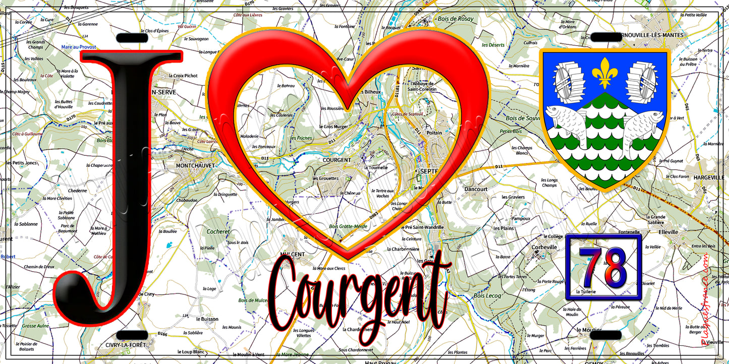 Plaque métal décorative  J' ❤️ Courgent, Yvelines (78) fond carte