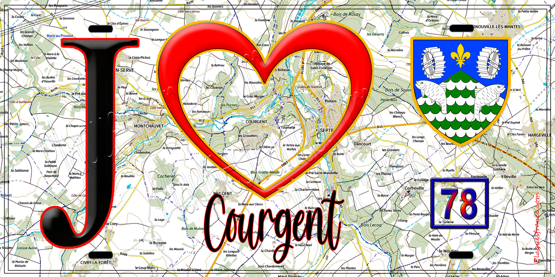 Plaque métal décorative  J' ❤️ Courgent, Yvelines (78) fond carte