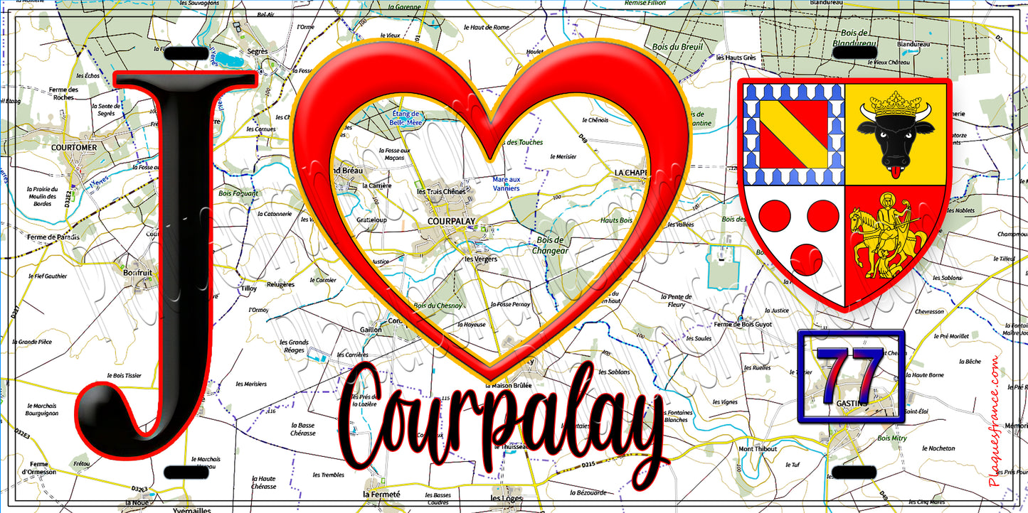 Plaque métal décorative  J' ❤️Courpalay, Seine et Marne (77) fond carte